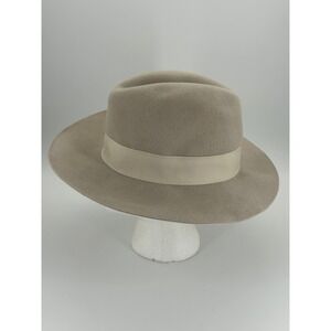 Hat Attack Made in USA Velour Felt Fedora Hat Small Taupe Wide Brim Ivory Ribbon